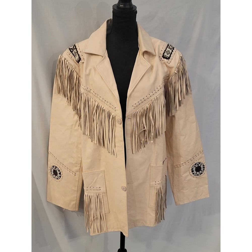 Vintage Western Fringe Leather Jacket Cream Beaded 3XL Southwestern Boho Rodeo